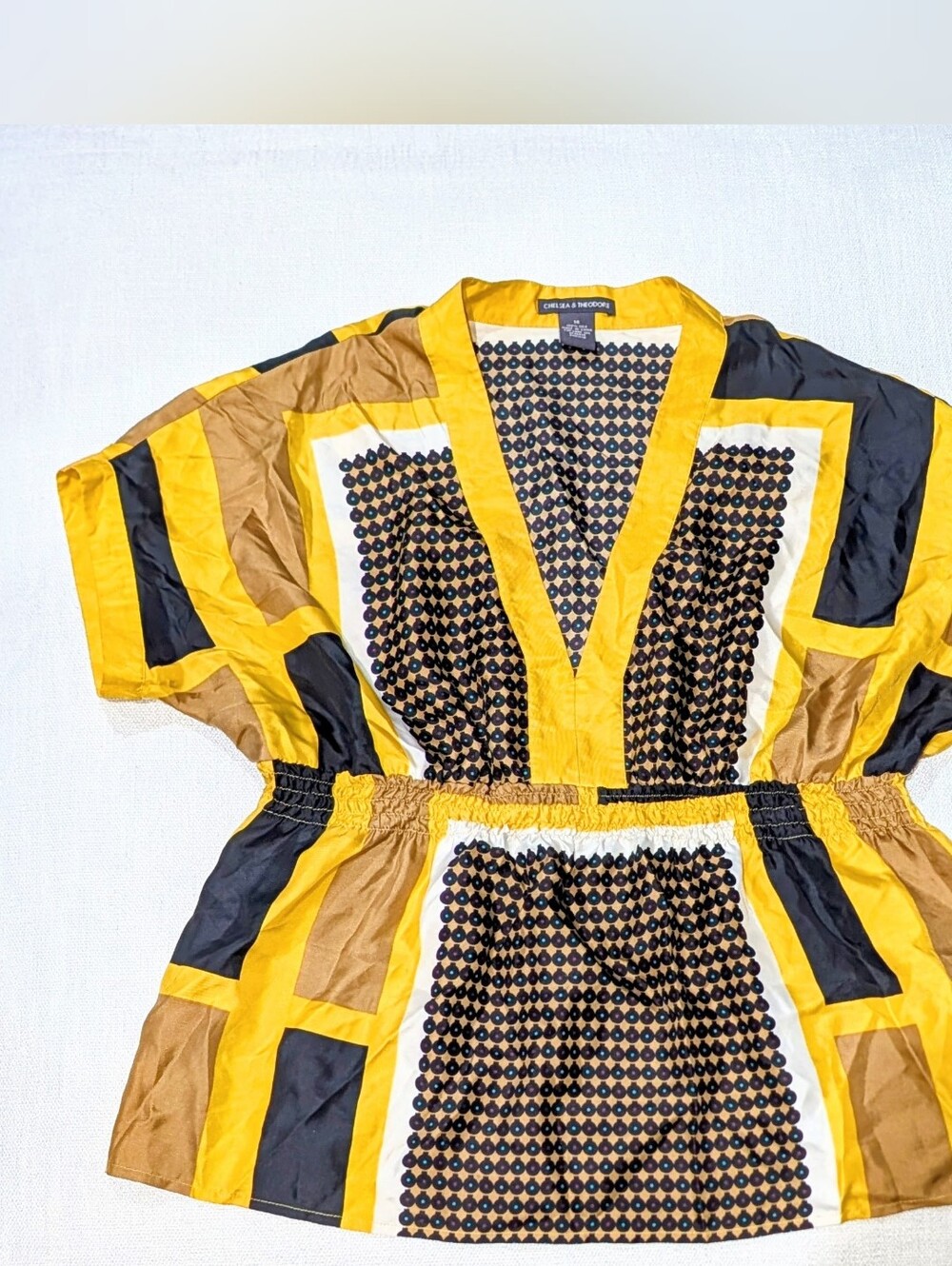 Chelsea & Theodore Yellow Black & Brown Geometric V-Neck Peplum Top